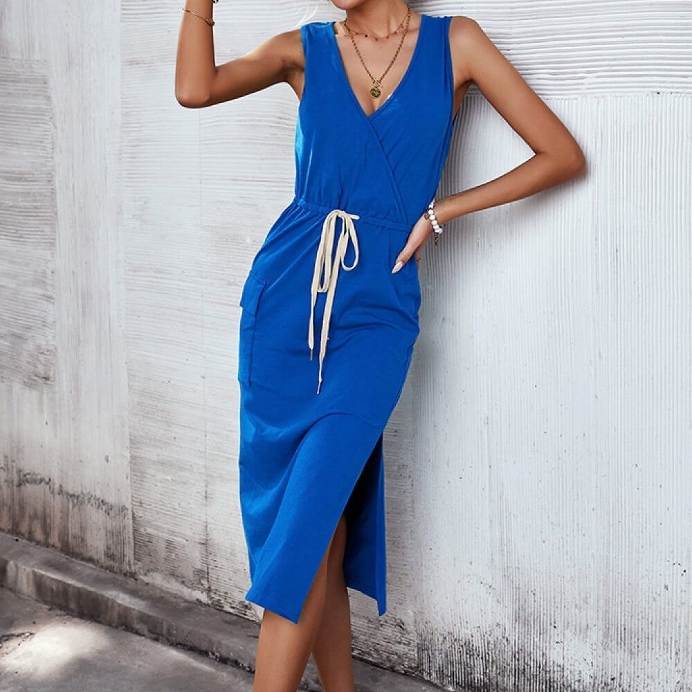 New! Royal Blue Drawstring Waist Surplice Sleeveless Midi Dress NWT